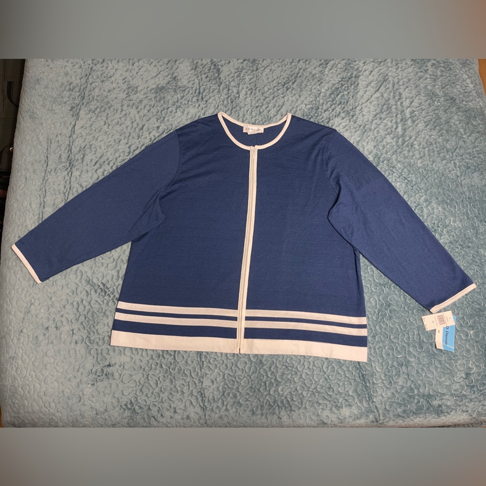 NWT C.D. Daniels Cardigan 2X Zip Front Sweater Blue & White Cotton Blend 3/4 SL